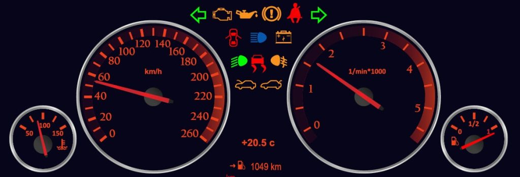 Le tableau de bord de la voiture affiche plusieurs voyants d'alerte allumés.
